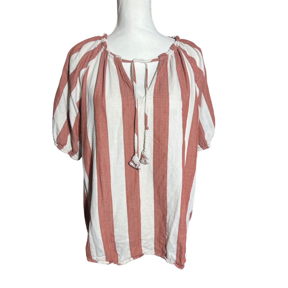 Knox Rose Womens XL Striped Peasant Blouse Terracotta Cream Tassel Tie Top